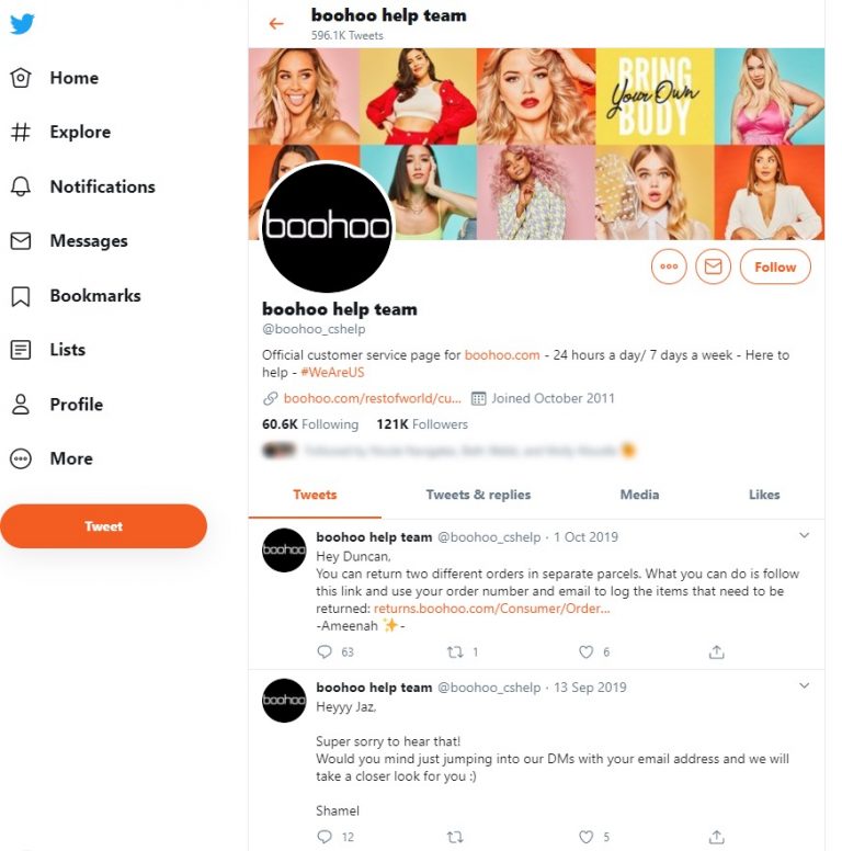 screenshot of boohoo's customer service account
